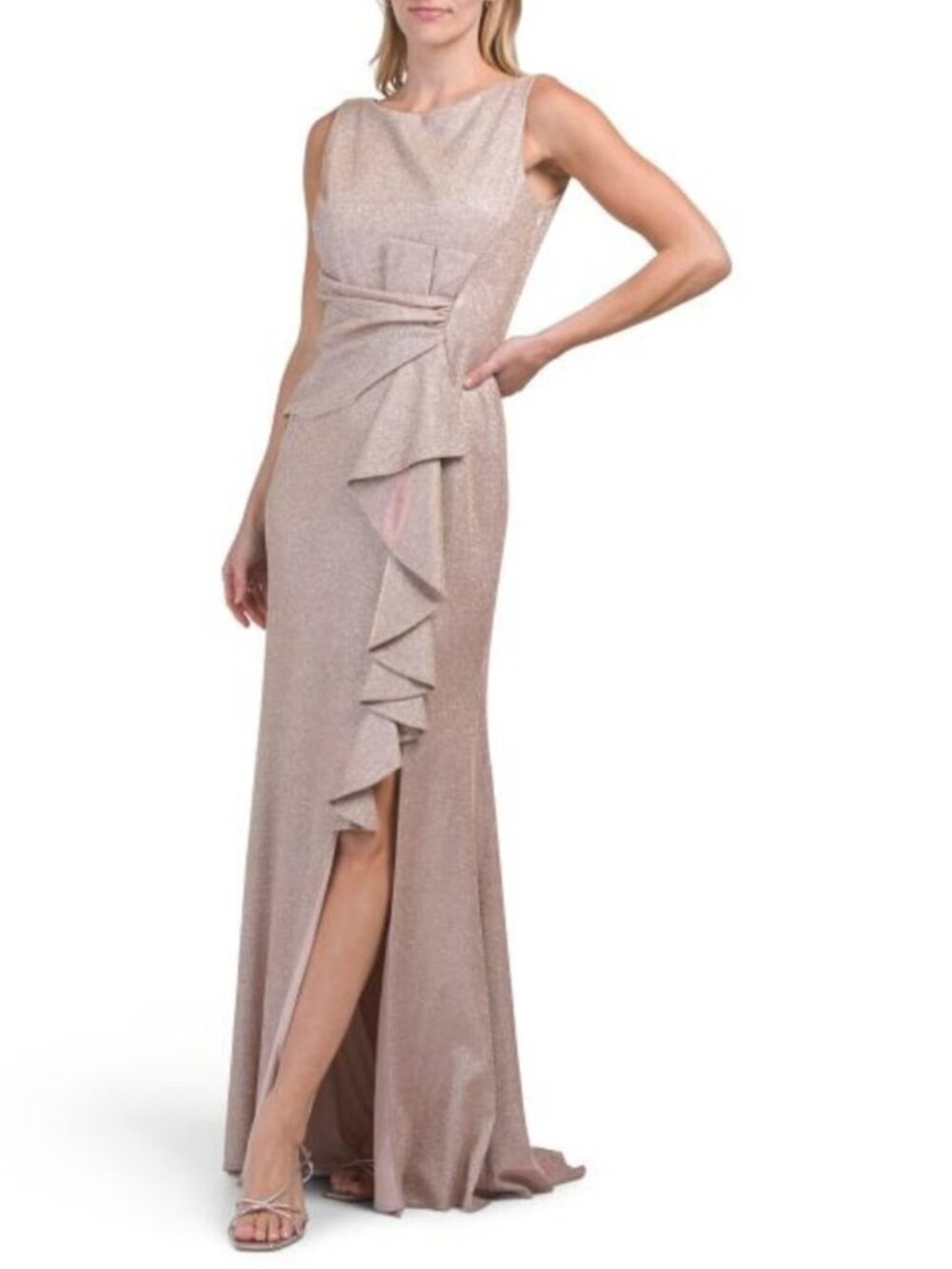 BETSY & ADAM High Neck Metallic Gown